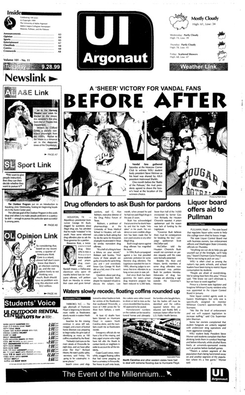 A 'sheer victory' for vandal fans: Before after; Drug offenders to ask Bush for pardons; Liquor board offers aid to Pullman; Waters slowly recede, floating coffins recided; Nike returns to roots to produce $25 shoes (p2); WWF meets America's Presidential politics (p4); Adventure 101, Kayaking: Outdoor program's workshops teach begininng enthusiasts (p5); UI takes a big step for requirement (p6);