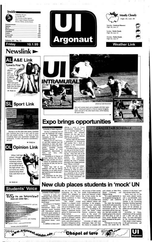 Expo brings oppurtunities; New club places Students in 'mock' UN; College equals Maturity? (p4); Poaching carries strict penalties (p5); The little grab that could (p6); U.S. players fire back in Ryder cup war of words (p6); SNL anniversary special tops big night for TV (p8);
