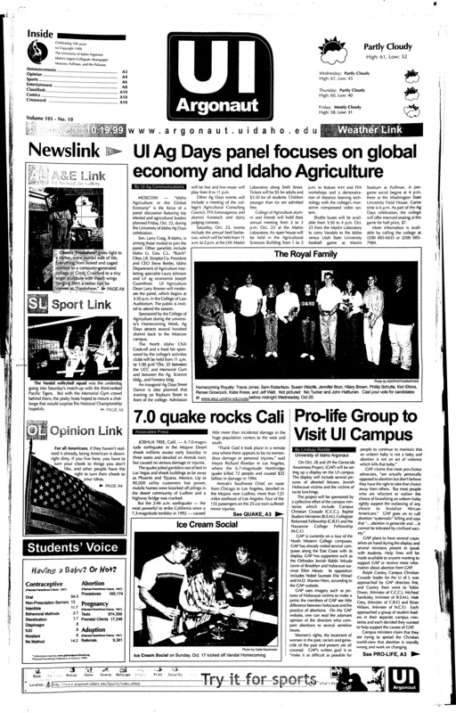UI ag days panel focuses on global economy and Idaho agricultute; 7.0 quake rocks Cali; pro-life group to visit UI campus; Millennium Daze with Airport craze (p4); Americans must allow the right to opinion (p4); Power houses humble Vandals (p6); Small movie houses rare (p9);