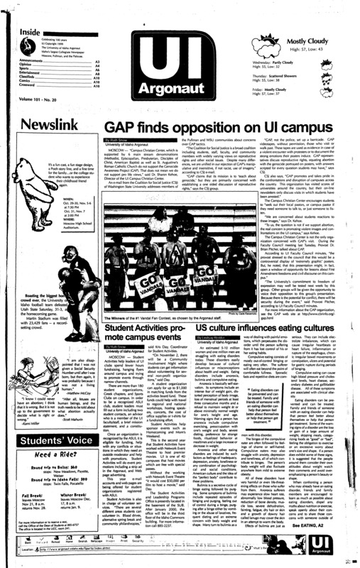 GAP finds opposition on UI campus; Student Activities pro-mote campus events; US culture influences eating cultures; Vandal Homecoming 1999 (p3); Vandals out in front: Idaho uses 31-3 route of Utah state to take control of the Big west (p5); Vandals even out week-end with win and loss (p5); Little city tattos move to Moscow (p7);