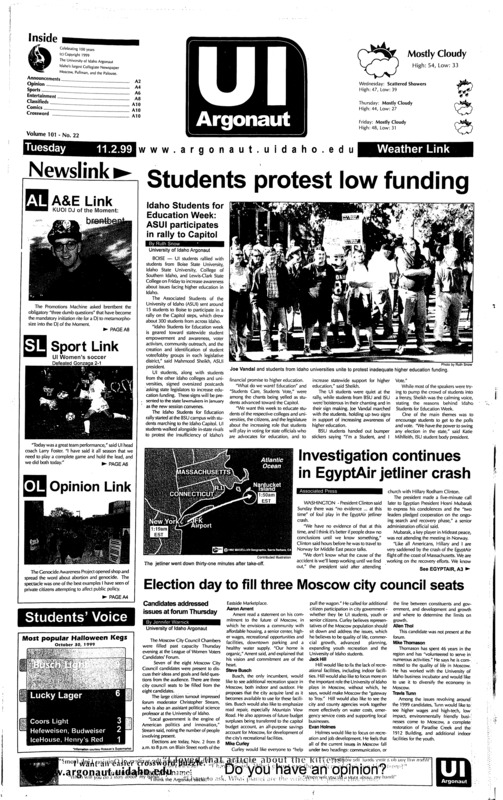 Students protest low funding: Idaho students for education Week, ASUI participates in rally to capitol; Investigation continues in EgyptAir jetliner crash; Election day to fill three Moscow city council seats: Candidates addressed issues at forum thursday; What is the WTO and why should i care? (p4); Human rights are not just China's problems (p4); Political status quo challenged in 1999 (p5); Vandals end season with winning record (p6); NMSU aggies run wild on Vandals: the 42-14 loss by the vandals leaves the door wide open for the big west championship (p6);