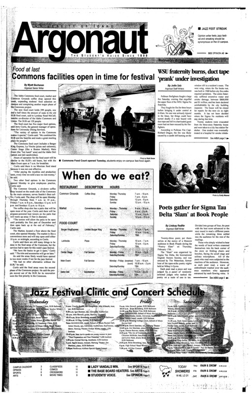 Commons facilities open in time for festival; WSU fraternity burns, duct tape ‘prank’ under investigation; Poets gather for Sigma Tau Delta ‘Slam’ at Bookpeople; Coliform bacteria found in Idaho Commons water (p3); Range Club places in Boise competition (p4); Vandals snap three-game slide (p6); Idaho gets win, goes for another tomorrow (p6); Champs split into two contending teams (p6);