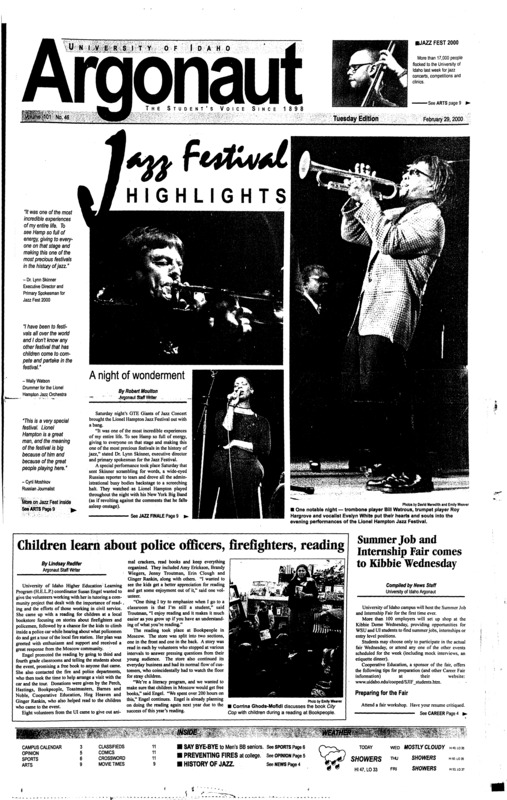 A night of wonderment; Children learn about police officers, firefighters, reading; Summer Job and Internship Fair comes to Kibbie Wednesday; Cougar hunters may get to use dogs (p3); A brief history of jazz: The music that makes the Hampton Jazz Festival (p4); Idaho’s seniors go out with big win (p6); At long last: WSU gets first Pac-10 win (p6);