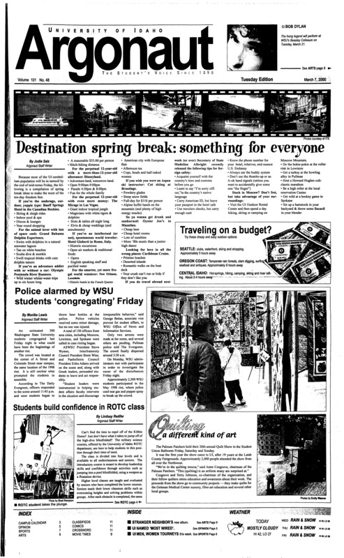 Destination spring break: something for everyone; Police alarmed by WSU students ‘congregating’ Friday; Students build confidence in ROTC class; Committee may change post-tenure review (p3); Vandal basketball slumps into post season (p7); Track and Field Indoor Season Concludes with Personal Bests (p7);