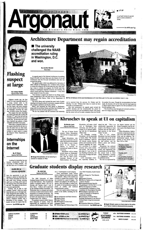 Architecture Department may regain accreditation; Khruschev to speak at UI on capitalism; Flashing suspect at large; Internships on the Internet; Graduate students display research; Homeless shelter builds on new funds (p4); Door to door recyclers hit dorms Thursday (p4); Cleaves leads Michigan State to title (p7); Connecticut dismantles Lady Vols for women’s NCAA crown (p7); Braves lead the charge in National League East (p7);