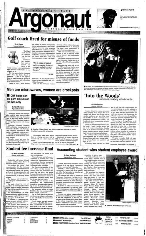 Golf coach fired for misuse of funds; Men are microwaves, women are crockpots; ‘Into the Woods’ combines creativity with dementia; Student fee increase final; Accounting student wins student employee award; Transfer Day (p4); Flintstones’ triumph warms hearts in industrial hometown (p7); National League West chock full of pennant potential (p7); New definition of ‘amateurism’ considered by NCAA (p7);
