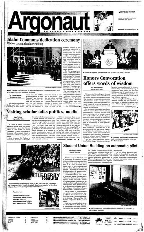 Idaho Commons dedication ceremony; Honors Convocation offers words of wisdom; Visiting scholar talks politics, media; Student Union Building on automatic pilot; Moscow Public Library hosts book sale (p4); Vandal spring football is underway (p7); UI Throwers dominate at the Hayward Relays (p7);