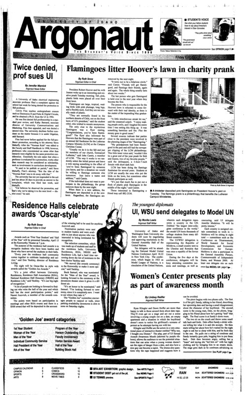 Twice denied, prof sues UI; Flamingoes litter Hoover’s lawn in charity prank; Residence Halls celebrate awards ‘Oscar-style’; UI, WSU send delegates to Model UN; Women’s Center presents play as part of awareness month; Women clubbers win Invite (p7); Vandal tennis team young but promising (p7); MLB: American League Central season preview (p7);