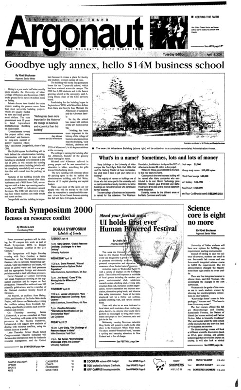 Goodbye ugly annex, hello $14M business school; Borah Symposium 2000 focuses on resource conflict; UI holds first ever Human Powered Festival; Science core is eight no more; Cochran vetoes ASUI budget (p3); TechFair2000 (p4); Maso Tosi headed to Arizona (p7); UI soccer takes three games over weekend (p7); Eastern Division goes down to wire (p7); Yankees may have tough competition, but will win American League East (p7);
