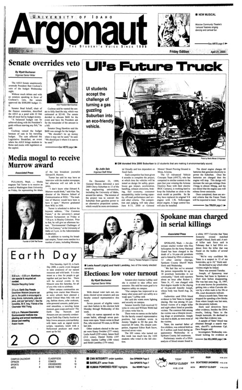 Senate overrides veto; UI’s Future Truck; Elections: low voter turnout; Spokane man charged in serial killings; The Nez Perce people, their play, and their history (p5); Barkley scores two in NBA career finale (p7); Arg Sports staff predicts NBA playoffs (p7); Mariners, A’s battle for AL West crown (p7); New Community Theatre musical opens tonight (p8);