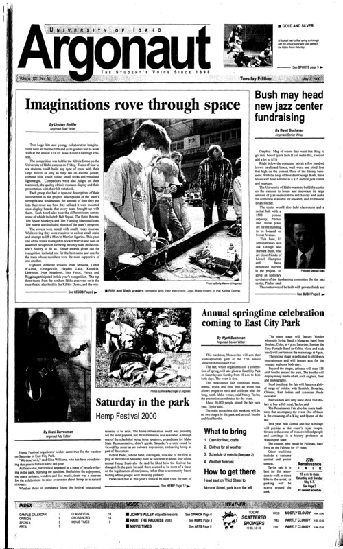 Imaginations rove through space; Bush may head new jazz center fundraising; Saturday in the park; Annual springtime celebration coming to East City Park; On-campus animal blessing builds good karma for pet owners (p2); Painting the Palouse, decorating friends (p3); Gold team dominates Silver in annual scrimmage (p8); Kings avoid sweep, prove that Lakers are beatable (p8);