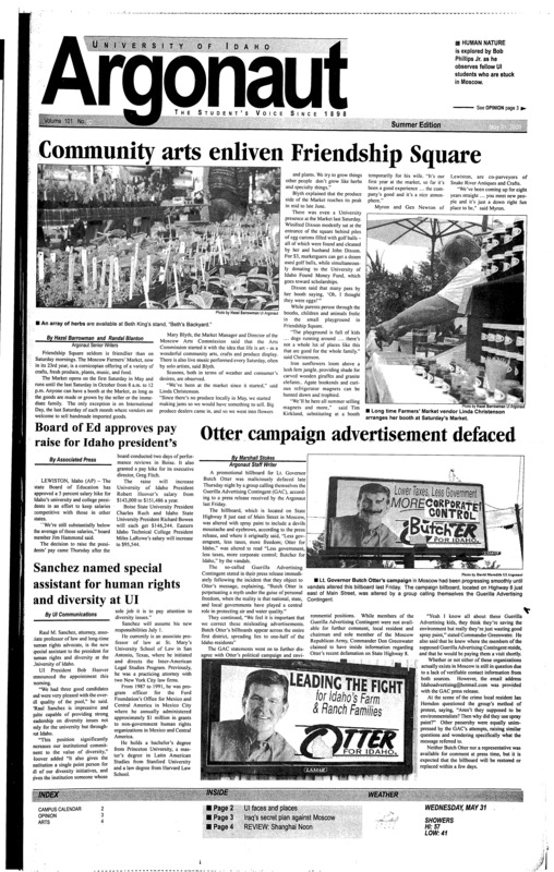 Community arts enliven Friendship Square; Board of Ed approves pay raise for Idaho president’s; Sanchez named special assistant for human rights and diversity at UI; Otter campaign advertisement defaced; Oregon Coast - the coast with the most! (p2); UI faces and Places: Karen Hallgren (p2);