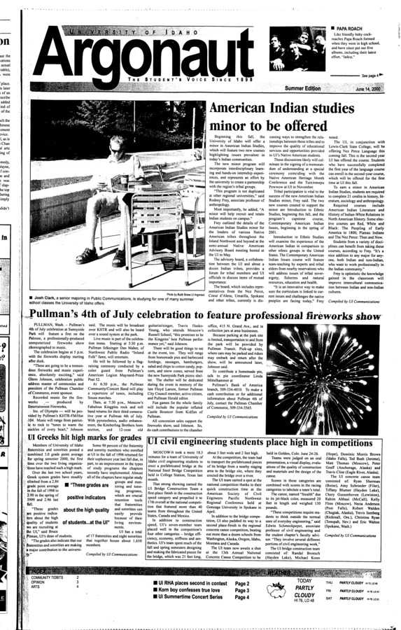 American Indian studies minor to be offered; Pullman's 4th of July celebration to feature professional fireworks show; UI RHA places second at national level; Hardcore band plans to 'Infest' America;. American Indian studies minor to be offered; Pullman's 4th of July celebration to feature professional fireworks show; UI RHA places second at national level; Hardcore band plans to 'Infest' America;