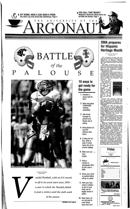 Battle of the Palouse; OMA prepares for Hispanic Heritage Month; Poetry, music, art featured at South Side Coffeehouse (p3); SUB workers hit gas pipe; no damage reported (p3); Clinton proposes thinning and burning of private, state and tribal lands (p4); Vandals drop home opener to WSU (p9); Eastern Eagles grounded by Vandals (p9);