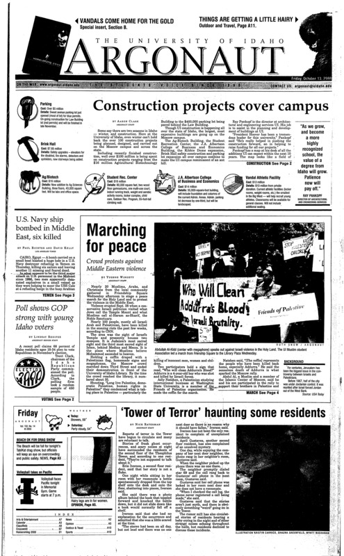 Construction projects cover campus; Crowd protests against Middle Eastern violence; ‘Tower of Terror’ haunting some residents; The Cube has the answers (p2); Fee increase meets opposition (p3); Overcrowding a concern at tonight’s drag show (p3); Dr. Sharon Stoll, founder for UI’s Center of Ethics, focuses on moral education (p10); Volleyball faces top team (p10);