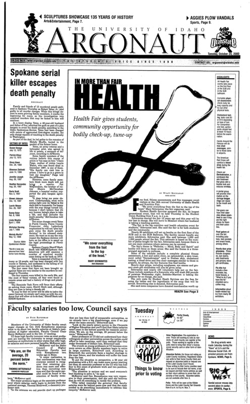 Spokane serial killer escapes death penalty; Health Fair gives students, community opportunity for bodily check-up, tune-up; Faculty salaries too low, Council says; Crusade explains Mark and Brenda campaign (p2); ASUI election approaching (p3); Busy week for women’s volleyball (p9); Vandals drop conference game to Aggies (p9); Intramurals give students chance to take part in UI athletics (p9); Construction begins to enhance Vandal athletics at Kibbie Dome (p10); Soccer second in Big West action (p10);