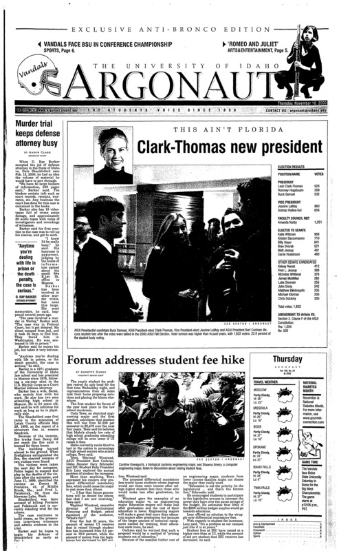 Murder trial keeps defense attorney busy; Forum addresses student fee hike; Snowball attacks get dangerous (p2); Changes to fee revenus raise questions (p3); Legislators converge on UI campus (p3); UI forestry professor receives prestigious award (p3); Vandals travel to Smurf Turf for Big West championship (p6); Men’s basketball hopes to gain steam in regular season play over holiday (p6); Lady Vandals travel this weekend to Nevada for Reno Tourney (p6); Volleyball conference coming to a close (p7);
