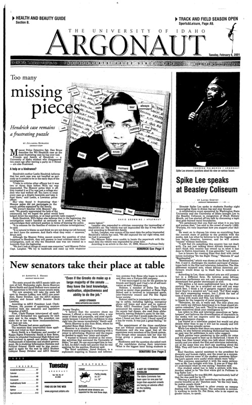 Too many missing pieces: Hendrick case remains a frustrating puzzle; Spike Lee speaks at Beasley Coliseum; New senators take their place at table; UI Lionel Hampton Jazz Festival keeps drawing the students (p2); Trains causing major delays for students (p4); Workplace drug screening becoming less popular with U.S. employers (pB2)