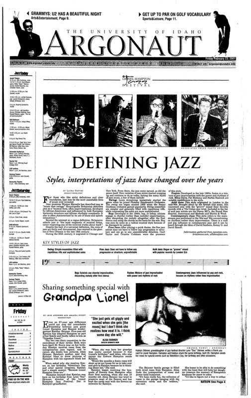 Defining Jazz: Styles, interpretations of jazz have changed over the years; Sharing something special with grandpa Lionel; Student protesters arrested after disrupting Senate session (p2); Crapo supports attack; Bush confident in plan (p2); U.S. urges Israel to turn over Palestinian fax revenue (p7); Kenyan orphanage seeks to import discounted AlDS drugs (p7); Howie Day to perform at the Idaho Commons (p10);