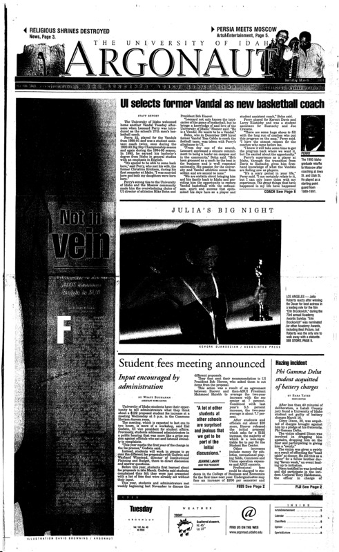 Ul selects former Vandal as new basketball coach; Student fees meeting announced: Input encouraged by administration; Phi Gamma Delta student acquitted of battery charges; Abortion pill sparks debate on campuses nationwide (p2); World decries destruction of Buddhist, Hindu art (p3); Vandal men's and women's tennis heats up over spring break (p7);