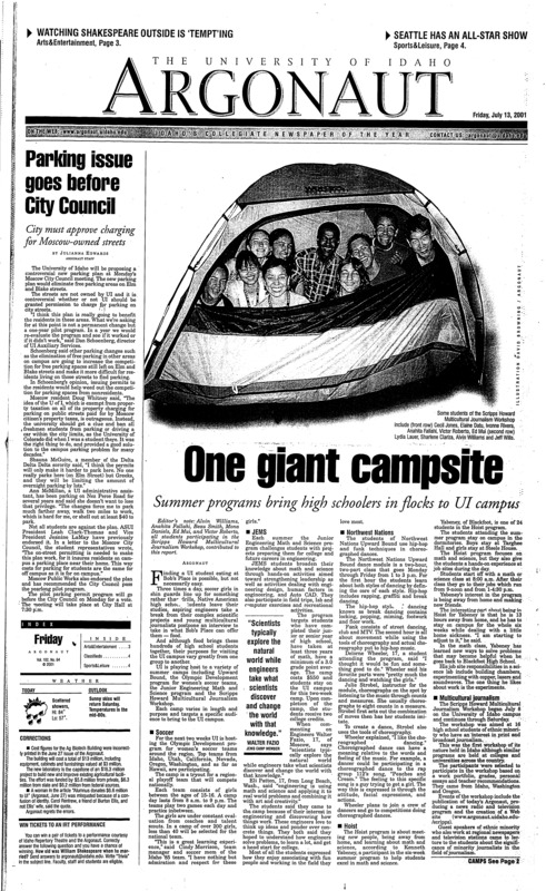 Parking issue goes before City Council: City must approve charging for Moscow-owned streets; One giant campsite: Summer programs bring high schoolers in flocks to UI campus; Program sends students Upward (p2); Broken arm causes UI student to lose arm wrestling title (p4);