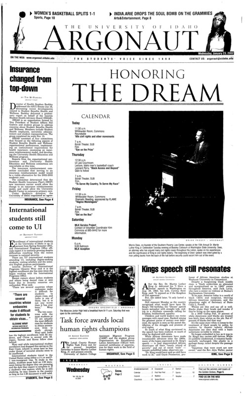 Honoring the Dream; King's speech still resonates; Task force awards local human rights champions; This is more than the average tune-up (p3); Human-cloning debate has its roots in abortion movement (p4); Military begins process of transporting American Taliban back to U.S. (p5); FBI arrives at Enron’s headquarters (p5); Turn on your heartlight to India.Arie (p8)