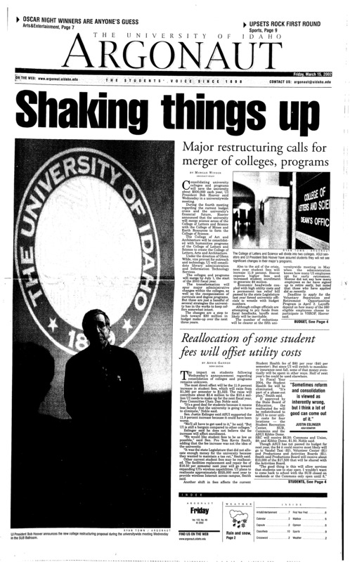 Shaking things up: Major restructuring calls for merger of colleges, programs; Reallocation of some student fees will offset utility costs; Beepers bring safety (p3); Israel continues Paletinian offensive as U.S. envoy arrives in Mideast (p4); Examination of Laramie hate killing puts town back on TV (p5)