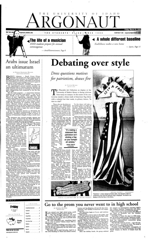 Arabs issue Israel an ultimatum; Debating over style: Dress questions motives for patriotism, draws fire; Go to the prom you never went to in high school; UM students charged after drowning (p3); Experts say smallpox a smallpox a very real threat (p4); U.S. plans to seek death penalty against alleged Sept. 11 terrorist (p5); Study of teens links TV viewing to possible future aggression (p5); Are they crazy?: DDD goes straight to their brain, and it’s scary (p8); What dreams may come Dancers Drummers and Dreamers stands the test of time (p8)