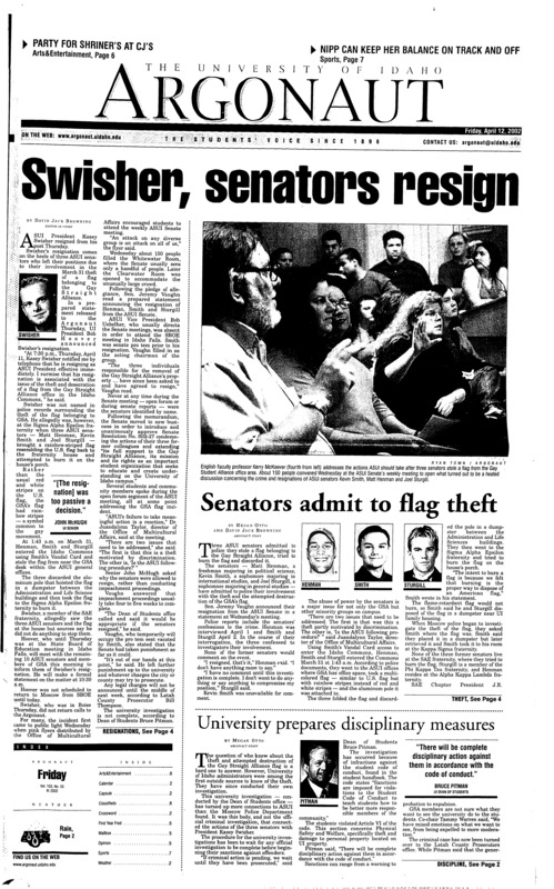 Swisher, senators resign; Senators admit to flag theft; University prepares disciplinary measures; Hammock appointed as new Greek adviser (p3); A healthy diet can be cheap, too (p3); Women’s golf prepares for conference tournament (p7); Princeton baseball team snaps 11 - year slump against Rutgers (p8)