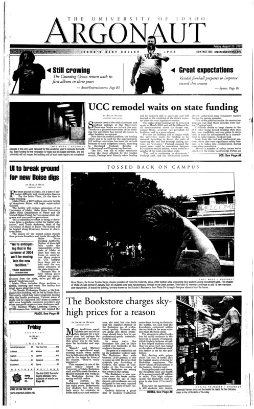 UCC remodel waits on state funding; UI to break ground for new Boise digs; The Bookstore charges sky high prices for a reason; UI launches restoration ecology certificate program (p2); Hawaiian luau and silent auction coming up (p2); Residence halls expect room for all: New residence hall will add 600 beds (p3); ASUI president sees mid-eastern conflict come to life (p3); Bush tours wildfire site, wants fewer limits on cutting trees (p4); Black farmers protest, demand agriculture pay settlements in full (p4); FAMU band tries new approach against hazing: Initiation rituals will not be tolerated at Florida school (p7); Christians sue oer Quran class (p7); Soldiers deliver music, messages (p8); Fraternity kicked off New Mexico campus (p8); Rapist still a large at Ohio State U. (p9); Festival on the Palouse: Palousafest brings a variety of entertainment (p17); Counting Crows stick to guns in latest released (p17); Ozzy Osbourne has always bitten off as much as he could chew (p20)