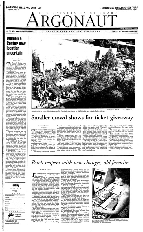 Women’s Center new location uncertain; Smaller crowd shows for ticket giveaway; Perch reopens with new changes, old favorites; Use of illegal drugs by young Americans on the rise (p3); Freshman classes force schools to crowd rooms (p4); Walker, Moscow Stranger (p7)