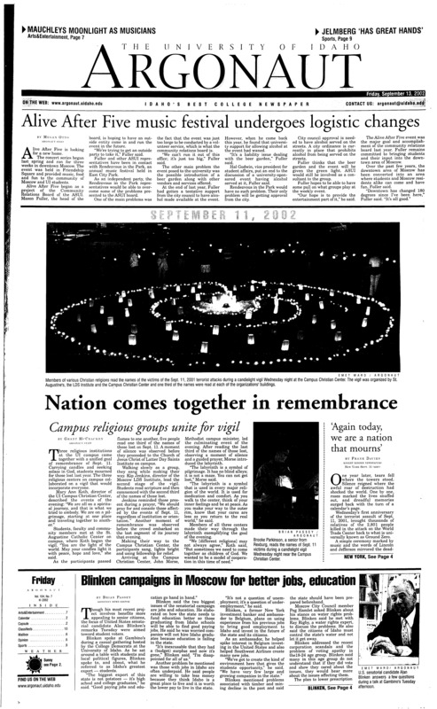 Alive After Five music festival undergoes logistic changes; Nation comes together in remembrance: Campus religious groups unite for vigil; ‘Again today, we are a nation that mourns; Blinken campaigns in Moscow for better jobs, education; Retiring police won’t slow down (p3); British prof teaches EU to business students (p3); Ceremony held for Pentagon attack victims (p4); Sept. 11 victims, heroes remembered across campus: UI faculty, staff and students remembered the events of Sept. 11, 2001 through a variety of commemorative activities Wednesday. Ceremonies included the ringing of the university’s bells 8:42 a.m., a flag-raising ceremony at 11:30a.m., a panel discussion at the Law Building and candlelight services in the evening. (p5); “Stealing Harvard,’ money from fans (p8); The ghosts of 1950 loom over Vandals (p9)