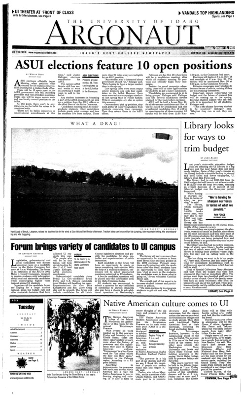ASUI elections feature 10 open positions; Library looks for ways to trim budget; Forum brings variety of candidates to UI campus; Native American culture comes to UI; Recent car wrecks in Wisconsin leave 14 dead (p4); Four Seasons brings drum icon to UI stage (p6); The female ‘Front’: Caisley’s play retells WWII’s Blitz from women’s viewpoints (p6); Vandals storm the Highlands: Volleyball squad dominates in Saturday’s sweep of UC-Riverside (p7)