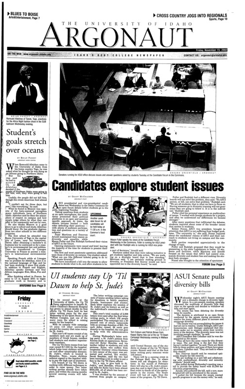 Student’s goals stretch over oceans; Candidate explore student issues; UI students stay Up ‘Til Dawn to help St. Jude’s; ASUI Senate pulls diversity bills; CIA looking for a few budding 007s (p3); WSU goes old school (p8)