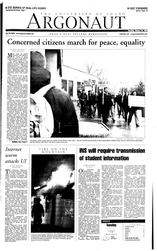 Concerned citizens march for peace, equality; Internet worms attack UI; Fire on the mountain; INS will require Transmission of student information; Mack spreads encouragement; Follow the leader: Junior swingman sets precednet for UImen's basketball (p10); Track starts new season (p10); Agassi keeps going with the flow (p11);
