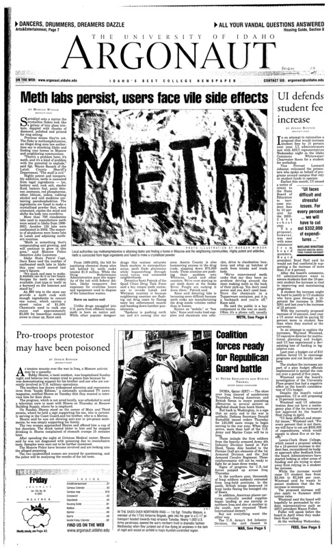 Meth labs persist, users face vile side effects; UI defends student fee increase; Pro-troops protestor may have been poisoned; Coalition forces ready for Republican guard battle; Tennis heads for a warmer climate (p9);
