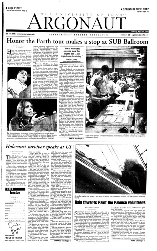 Honor the earth tour makes a stop at SUB ballroom; Holocaust survivor speaks at UI; Rain thwarts paint the palouse volunteers; White house deems Syria 'rogue nation', threatens sancations (p5); UI defense overpowers offense in in spring scrimmage (p12); Swatted: women thrive, men struggle in spring invite (p12);