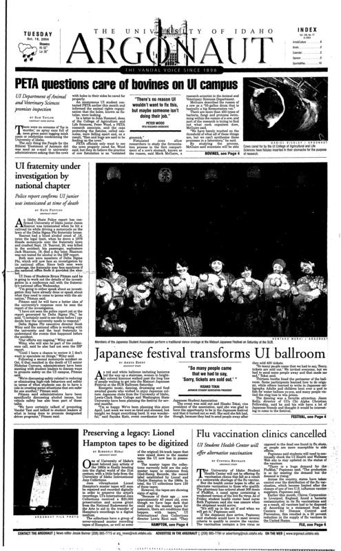 PETA questions care of bovines on UI campus; UI fraternity under investigation by national chapter; Japanese festival transforms UI ballroom; Preserving a legacy: Lionel Hampton tapes to be digitized; Flu vaccination clinics cancelled; UI Marine helps diminish terrorism on Afghan border (p3); Foundation, administrators discuss restoring college (p3); Vandals earn second victory (p10); Soccer goes 1-1 over the weekend, gets first conference win (p10);