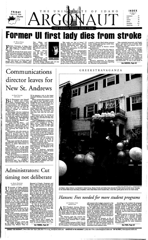 Former UI first lady dies from stroke; Communications director leaves for New St. Andrews; Administrators, Cut timing not deliberate; Hansen, Fes needed for more student programs; Jones, Technology, internet pose threat to live performances (p5); Greek week brings fun to campus (p5); ‘India Nite’ spices up weekend (p7); American Indian life through film (p7); MTV’s s pop revolution has turned music into an afterthought (p9); Evading the dorm blues (p18) [The U of I 2005 Vandal Friday Housing Guide 2005 starts on page 13]