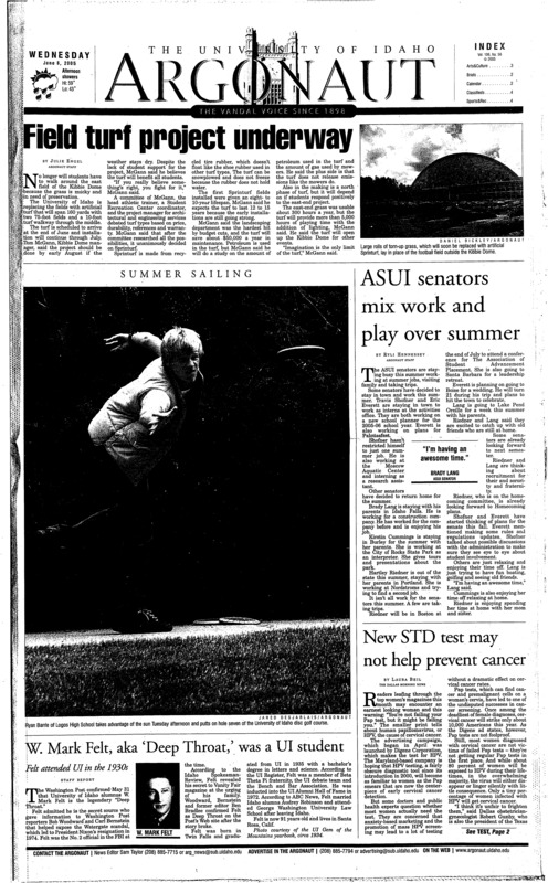Field turf project underway; ASUI senators mix work and play over summer; New STD test may not help prevent cancer; W. Mark Felt, aka ‘Deep Throat,’ was a UI student: Felt attended UI in the 1930s; ‘Crash’ reveals viewers’ biases (p3); Cataldo’s self-titled debut album leaves much to be desired (p3); Vandals send six to championships (p4)