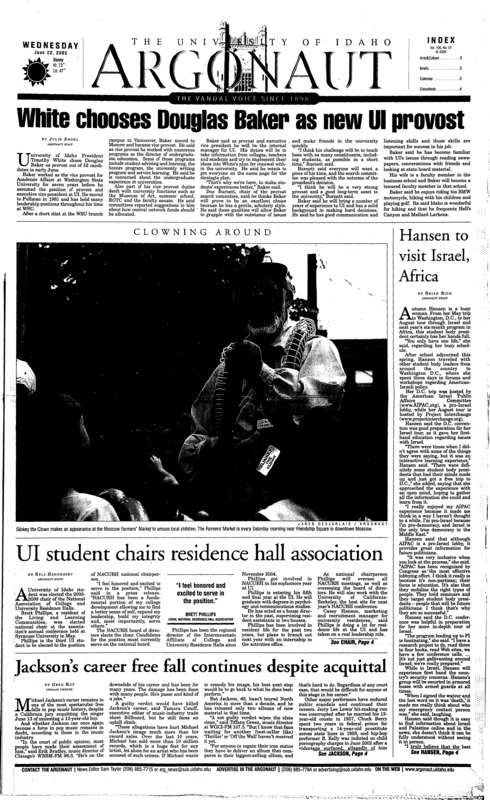 White chooses Douglas Baker as new UI provost; Hansen to visit Israel, Africa; UI student chairs residence hall association; Jackson’s career free fall continues despite acquittal; Summer sounds, MAC band has music in them: Community musicians of all ages provide free concerts at Moscow’s East City Park (p3); ‘Batman’ back to elite status (p3)
