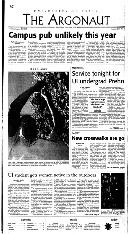 Campus pub unlikely this year; Memorial: Service tonight for UI undergrad Prehn; Safety: New crosswalk are go; UI student gets women active in the outdoors; Cancer drug promising against aging syndrome (p4); Safari Pearl will find a new home in old Co-op building (p6); Exhibit spotlights local artist (p7); Superman comic book novelization not bad: ‘The Never-Ending Battle’ highlights Justice League characters, provides lighthearted entertainment (p7)