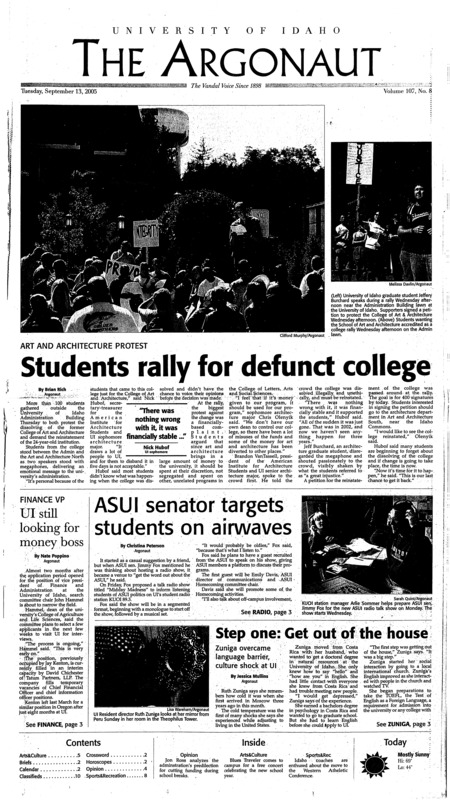 Art and Architecture: Students rally for defunct college; Finance VP: UI still looking for money boss; ASUI senator targets students on airwaves; Step one: Get out of the house: Zuniga overcame language barrier, culture shock at UI; ‘D&D’ players defy stereotypes (p5); Local store offer ‘D&D’ venue (p5); Music schools work together for hurricane relief (p5); Rose Ensemble performs unusual early music (p6); Fforde silly again with ‘Over Easy’ (p7)
