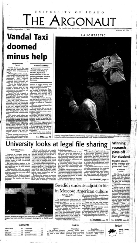 Vandal Taxi doomed minus help; University looks at legal file sharing; Winning research pays off for student: Mentze spends prize money on pizza and beer; Swedish students adjust to life in Moscow, American culture; UI agriculture department celebrates safety (p4); Despite damage, Rita’s death toll remains low (p5); Banned Books Week hits University of Idaho (p7); Men’s fall fashions run gamut (p9); The cost of convenience foods (p14); Author tells students how to make the most of college, life after (p14)