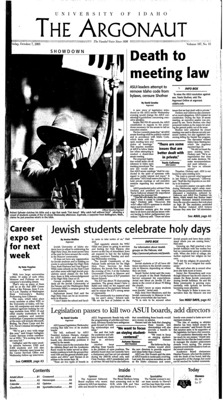 Death to meeting law: ASUI leaders attempt to remove Idaho code from bylaws, censure Shofner; Career expo set for next week; Jewish students celebrate holy days; Legislation passes to kill two ASUI boards, add directors; Series examines implications of 1855 treaties (p3); Group wants community to know about Sudan genocide (p4); At least 10 al-Qaida terrorist plots thwarted since 9-11, Bush says (p5); Student writing shines in ‘Native Voices’ (p7); ‘Evil Dead, Regeneration’ video game a gory treat (p8) [Career Expo directory starts on page 15]