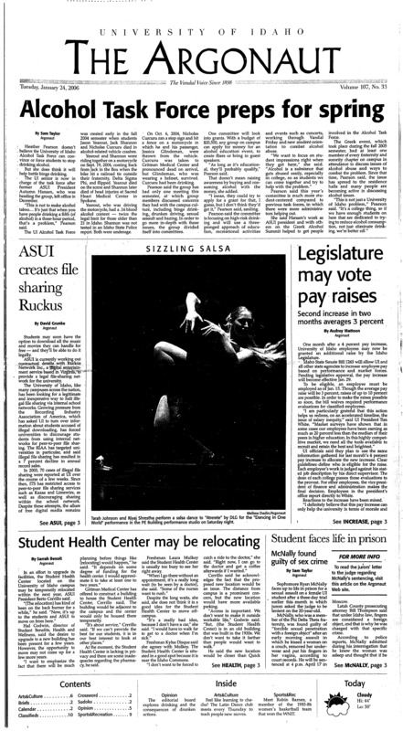 Alcohol task force preps for spring; ASUI creates file sharing ruckus; Legislature may vote pay raises: Second increase in two months averages 3 percent; Student health center may be relocating; Student faces life in prison: McNally found guilty of sex crime; Vandals fall to Spartans (p9);