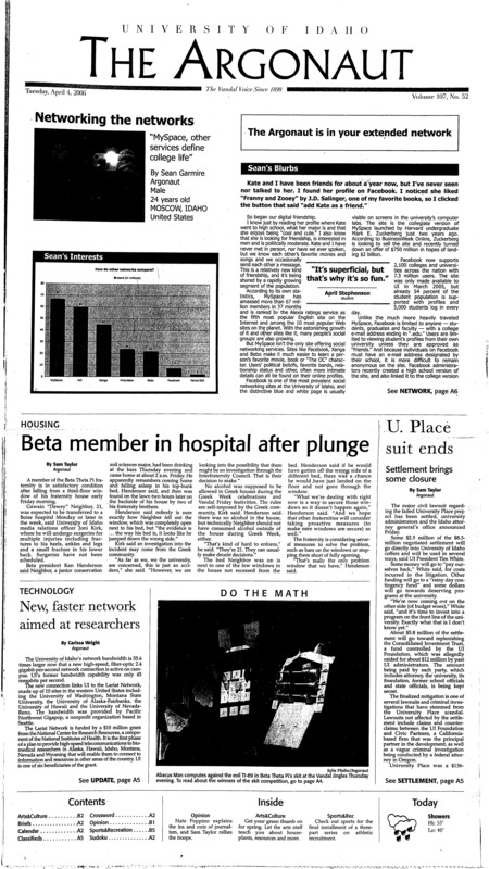 Beta member in hospital after plunge; U.Place suit ends: settlement brings some closure; Technology new, faster network aimed at researchers; UI club to take part in Model Arab league (p3); Terp women emerge on court (p13);