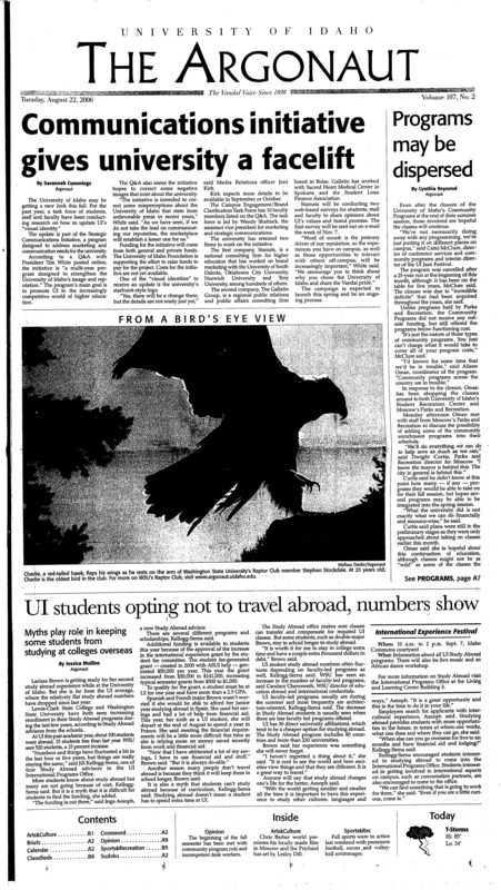 Communications initiative gives university a facelift; programs may be dispersed: UI students opting not to travel abroad, numbers show: Myths play role in keeping some students from studying at colleges overseas; Bush urges nations to join peacekeeping mission (p6); Defense improves, offense remains shaky (p15); Volleyball vies for positions (p15);