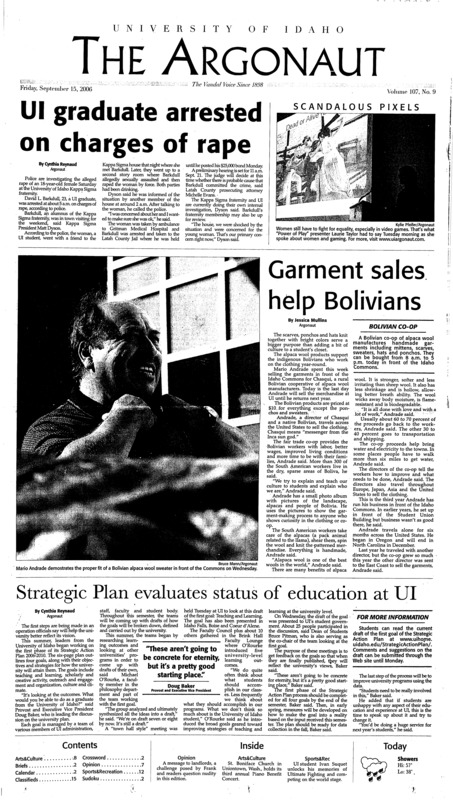 UI graduate arrested on charges of rape; Garmet sales help Bolivians; Strategic plan evaluates status of education at UI; Food court puts new rules into effect (p3); Greeks continue recruiting into the fall (p4); Apple announces plans to sell movies (p6); WSU wins first of two (p12);
