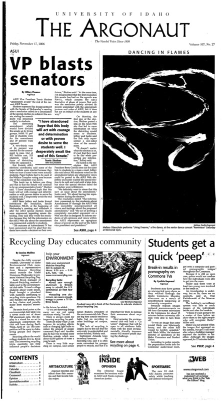 VP blasts senators; Recycling day educates community; Students get a quick 'peep': Break in results in pornography on Commons TVs; Vandals tame Wolf pack (p9);